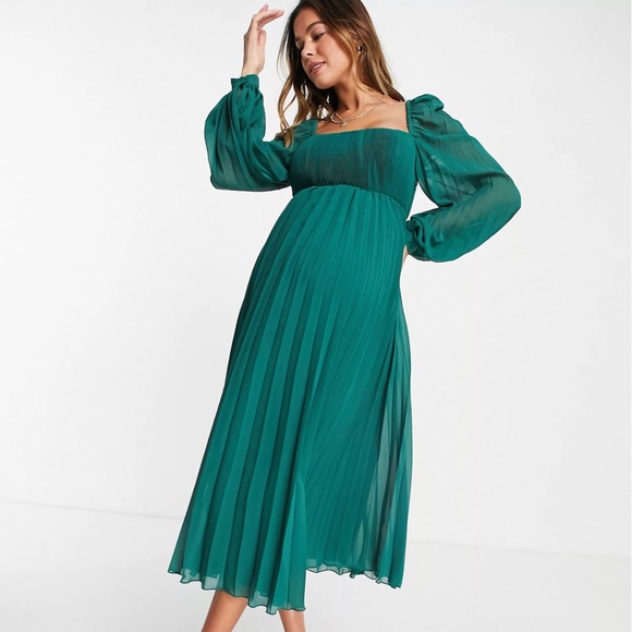 ASOS DESIGN Maternity Square Neck Pleated Midi Skater Dress in Forest Green - Picture 1 of 6